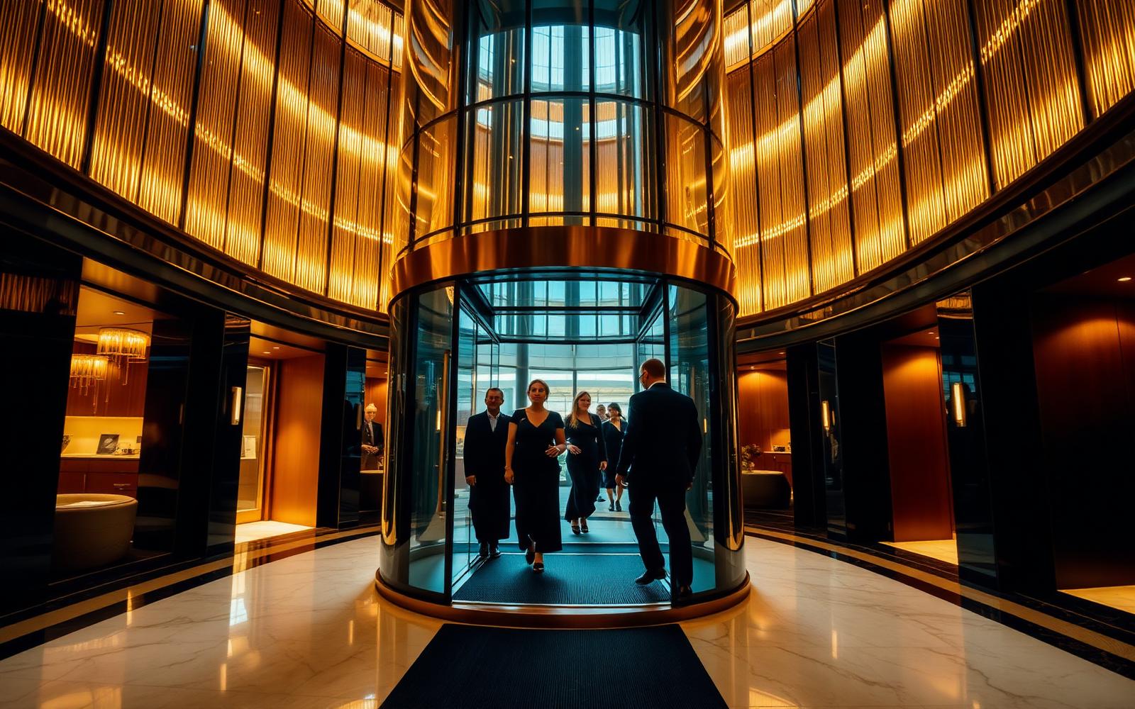 Guests entering a glazed panoramic lift in a hotel atrium
