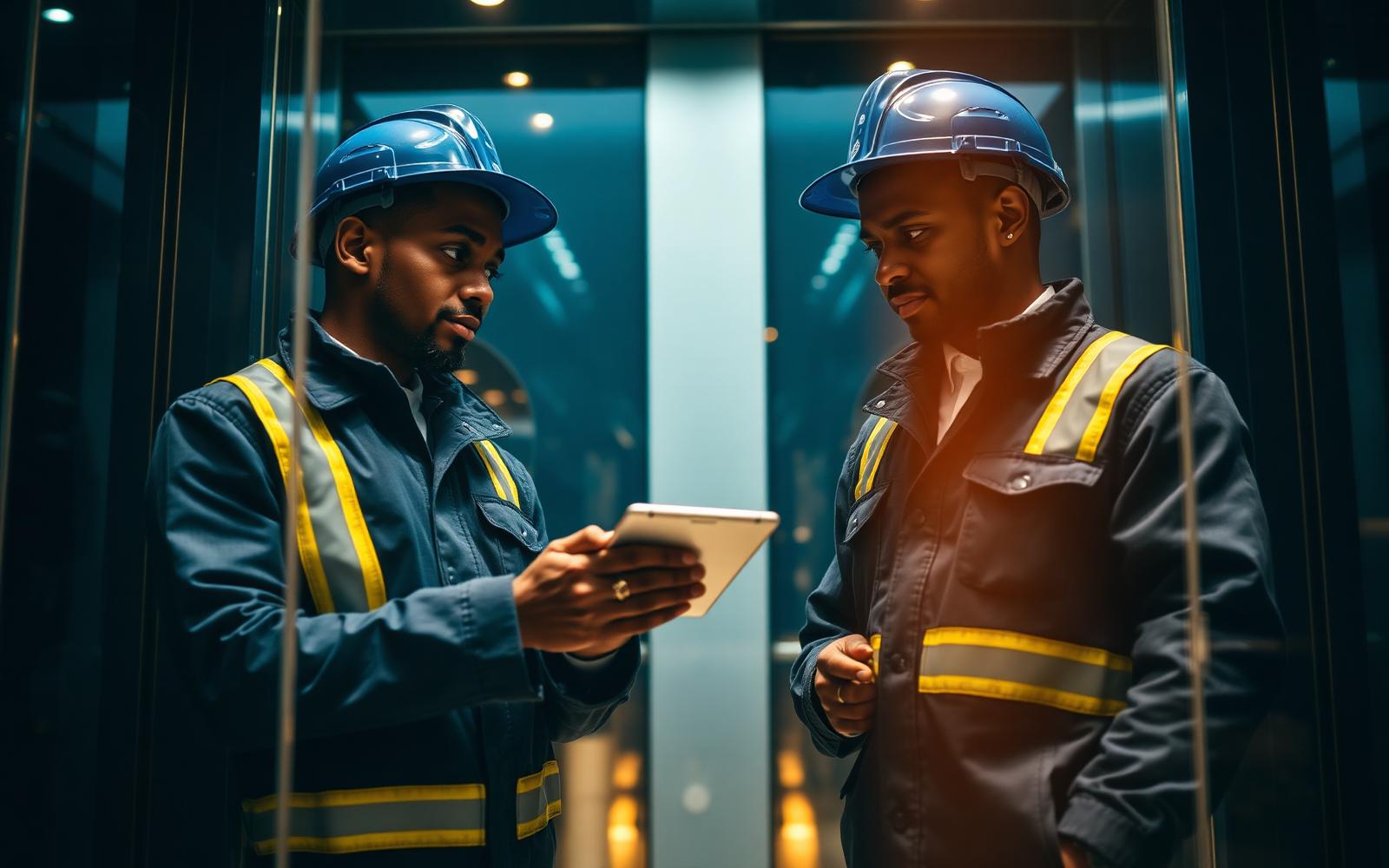 EEE engineers inspecting a new lift installation